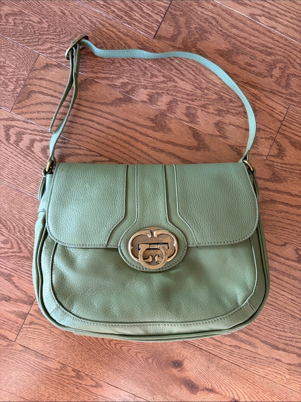 Emma Fox Sage Green Leather Shoulder Bag with Gold Hardware